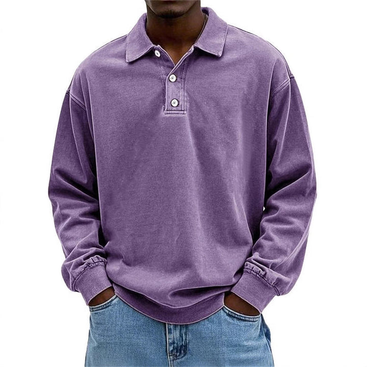 Herr Oversized Denim Look Polo College-Tröja med Kort Knapplist och Elastiska Muddar EB