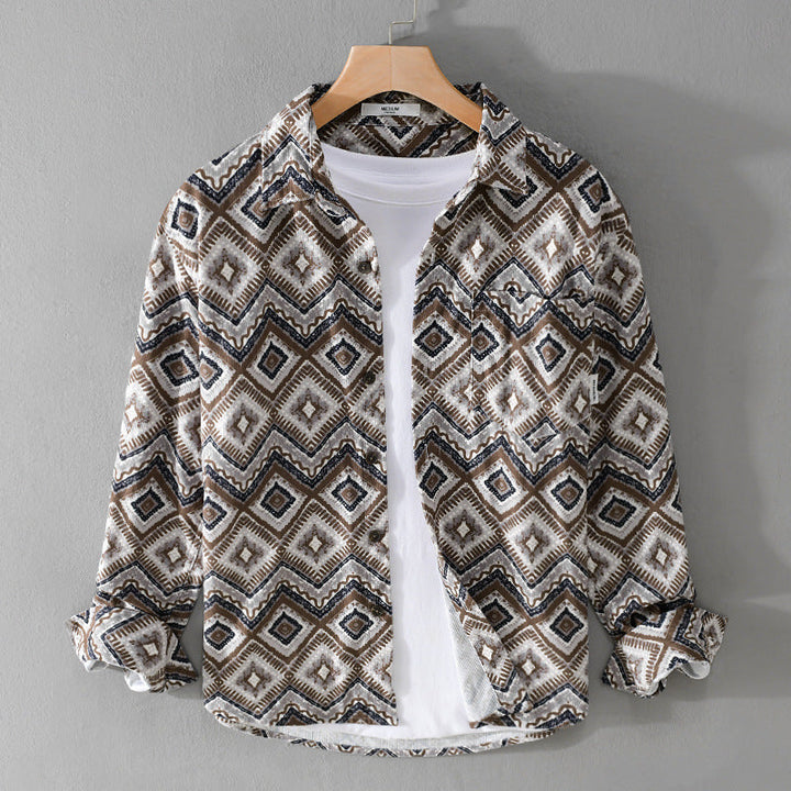 Herr Patterned Overshirt i Avslappnad Passform med Geometrisk Diamant Tryck och Bröstficka