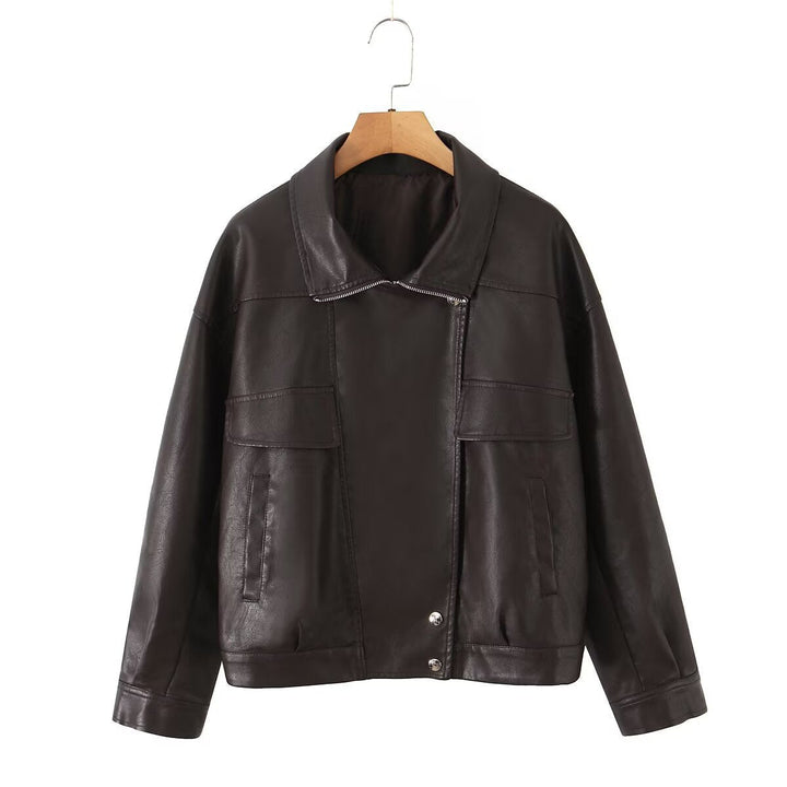 Dam Oversized Konstläder Blouson Jacka med Asymmetric Dragkedja och Lockfickor