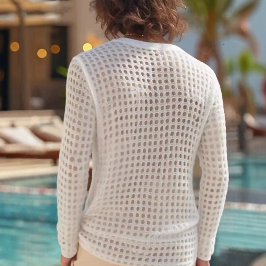 Herr Airy Openwork Stickad Tröja med Square Mesh Mönster och Crew Neck