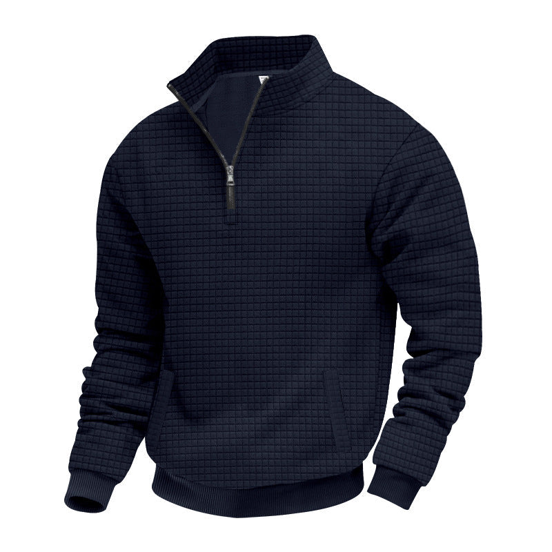 Herr Waffle Texture Halv Dragkedja Pullover med Ståkrage och Subtle Sidofickor