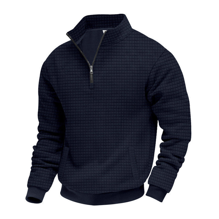 Herr Waffle Texture Halv Dragkedja Pullover med Ståkrage och Subtle Sidofickor