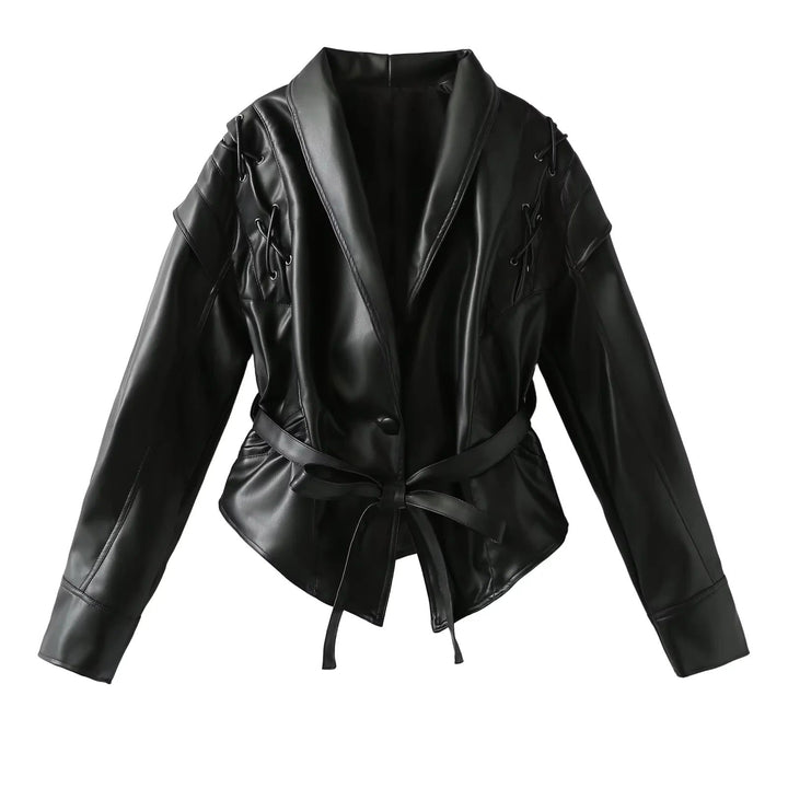 Dam 100+ Kort Wrap Jacka med Tie Belt och Eyelet Lacing Detail