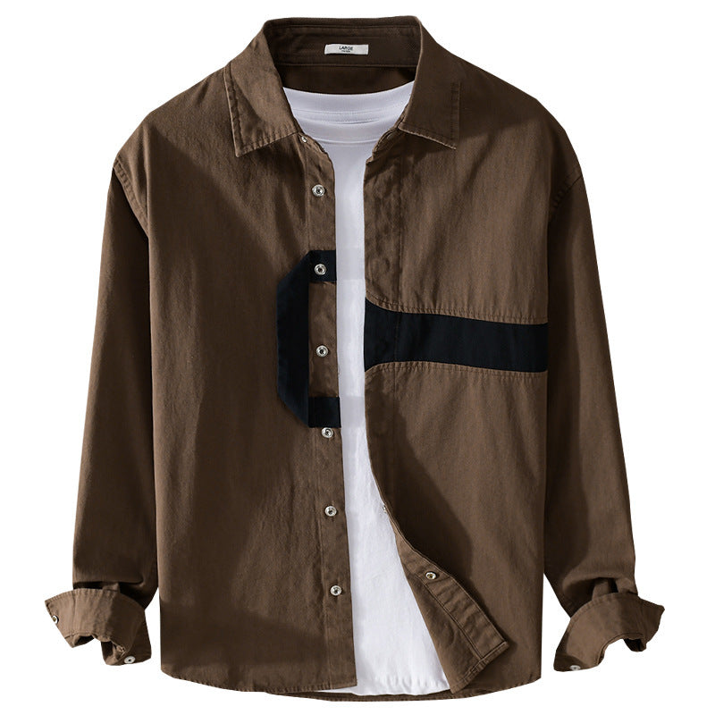 Herr Casual Overshirt Skjorta med Geometrisk Kontrast Rand och Tryckknapp Slå
