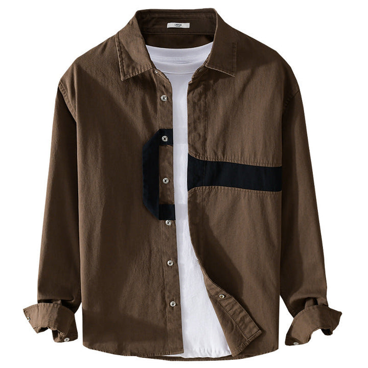 Herr Casual Overshirt Skjorta med Geometrisk Kontrast Rand och Tryckknapp Slå