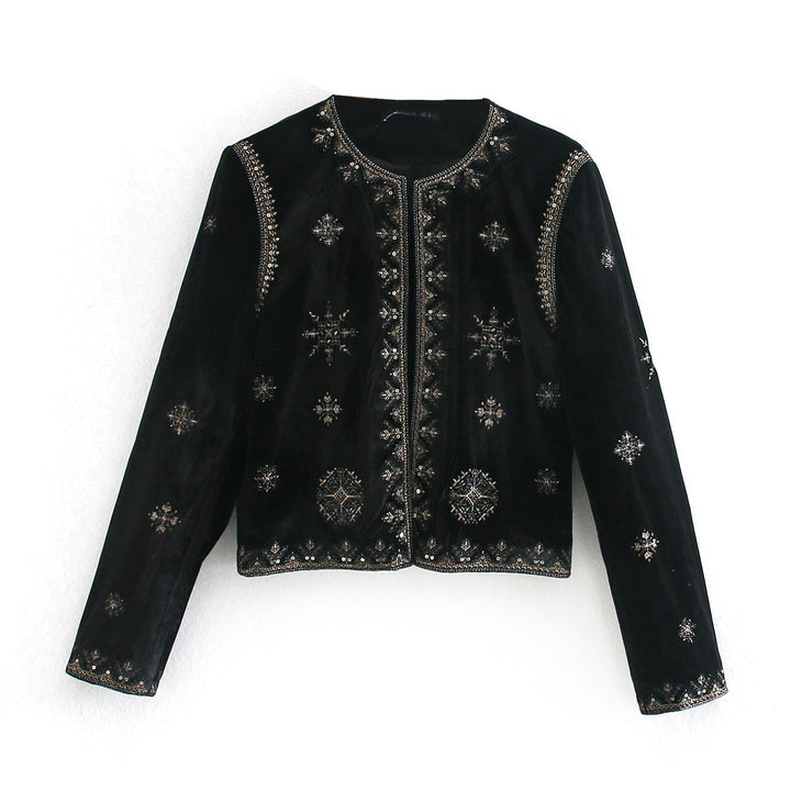Dam kort sammet jacka med delicate metal broderi och bead embellishment