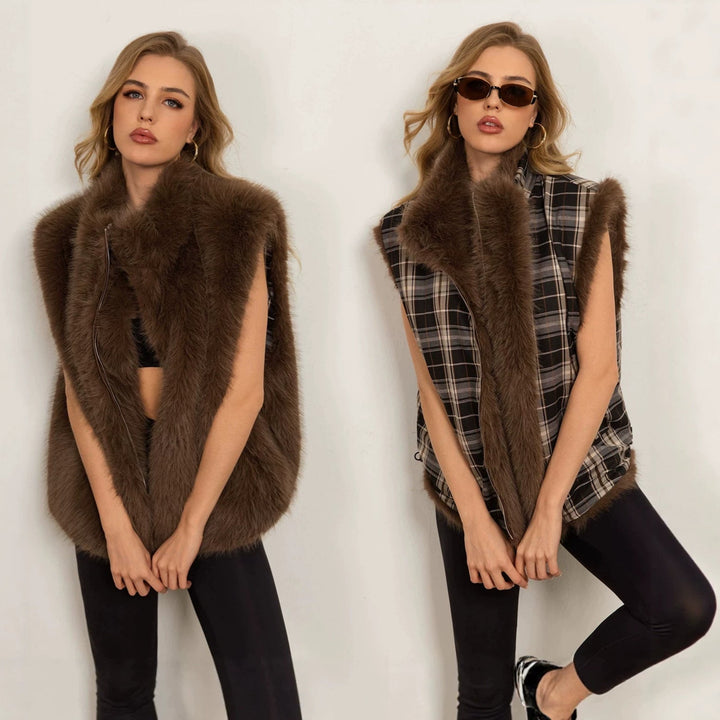 Dam Fluffy Faux Fur väst med Voluminous sjalkrage och dragkedja