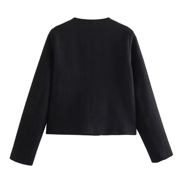 Dam kort-skärning tweed jacka med boucle structure, round neckline och decorative gold knappar