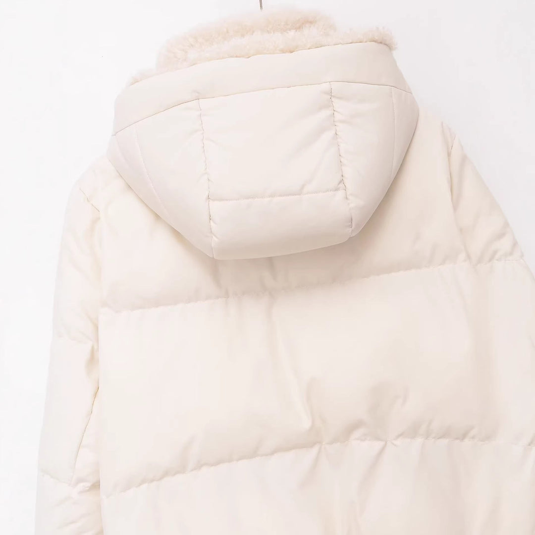Dam Kort Down-Look Parka med Teddy-Lined Huva och Ribbed Muddar