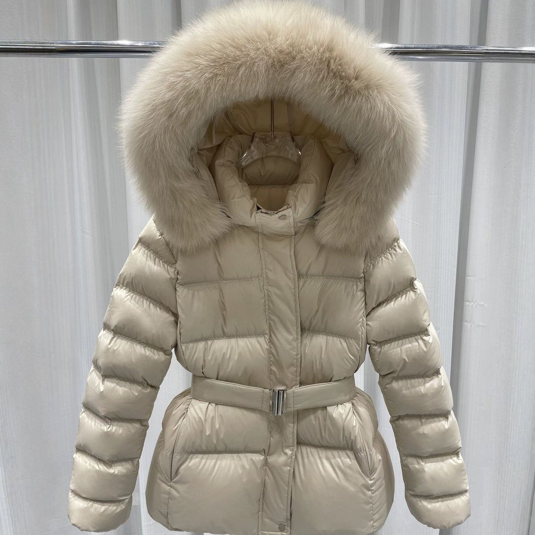 Dam skräddad kviltad pufferjacka med bälte, hög krage och Removable Fur Trim