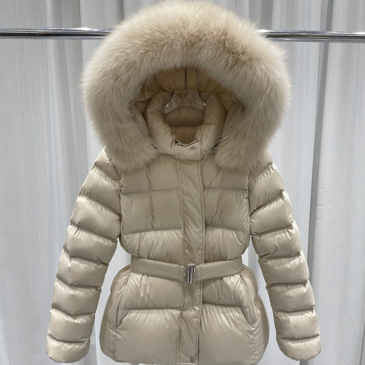 Dam skräddad kviltad pufferjacka med bälte, hög krage och Removable Fur Trim