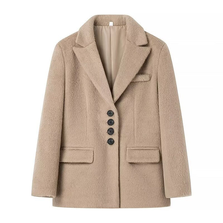 Dam figursydd kort kappa-blazer i teddy look med lapel krage och påsydda fickor