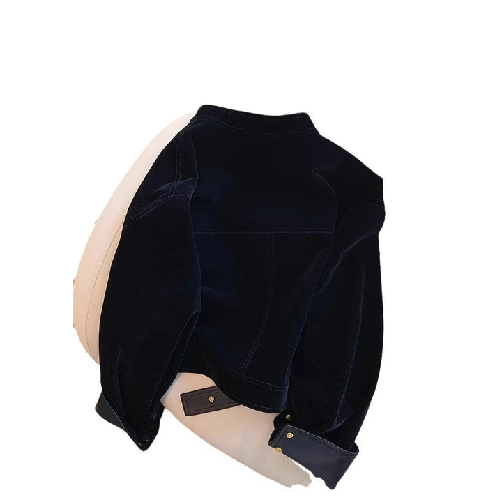 Dam sammet bikerjacka med läder trim, justerbar bälte &amp; gold detaljer