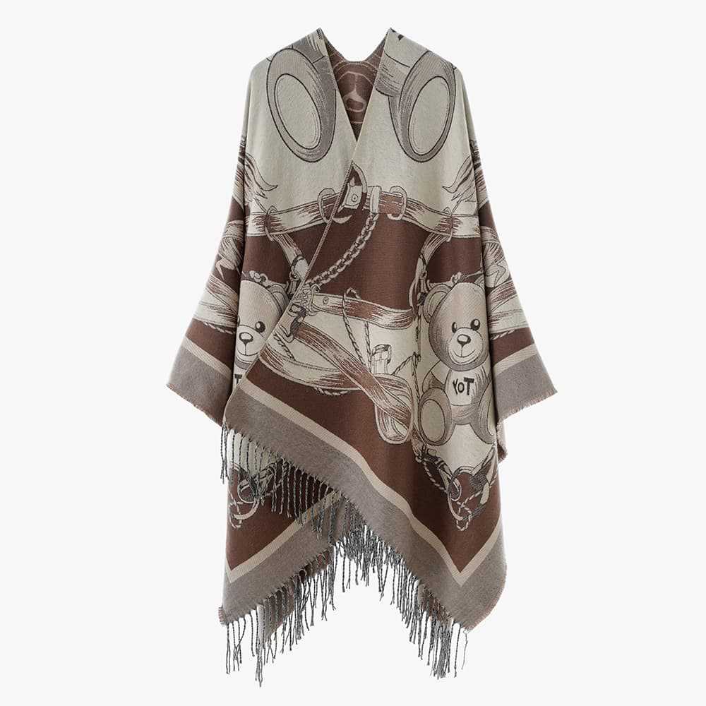 Dam Jacquard-capeponcho med Teddy Motif, oversized silhuett och fransfåll