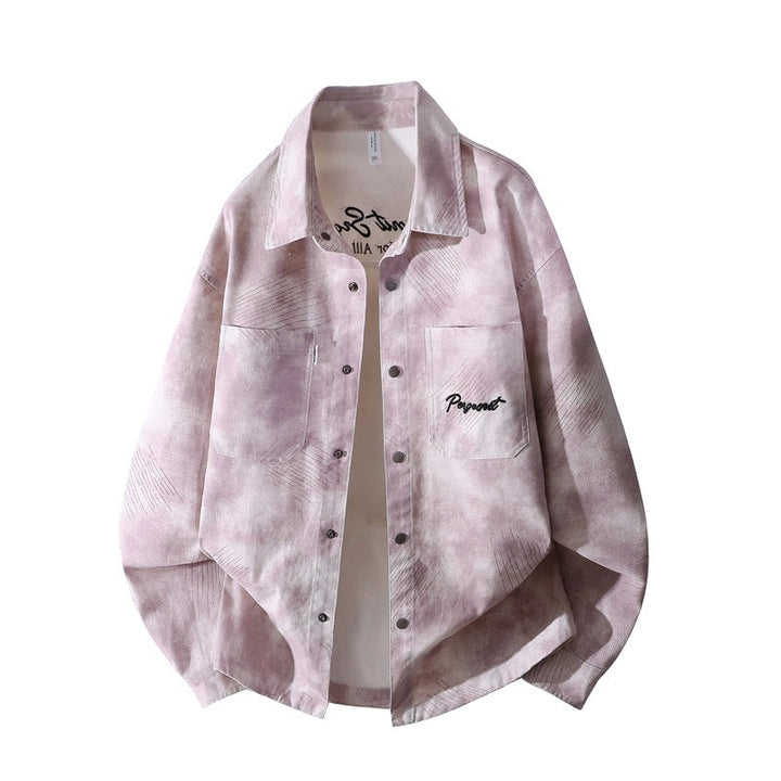 Herr Oversized Skjortjacka i Washed Batik Look med Tryckknapp Knapp Fram &amp; Applied Bröstfickor