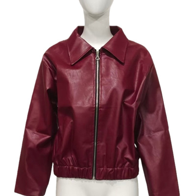 Dam konstläder blousonjacka med dragkedja, Drop axel och elastisk fåll
