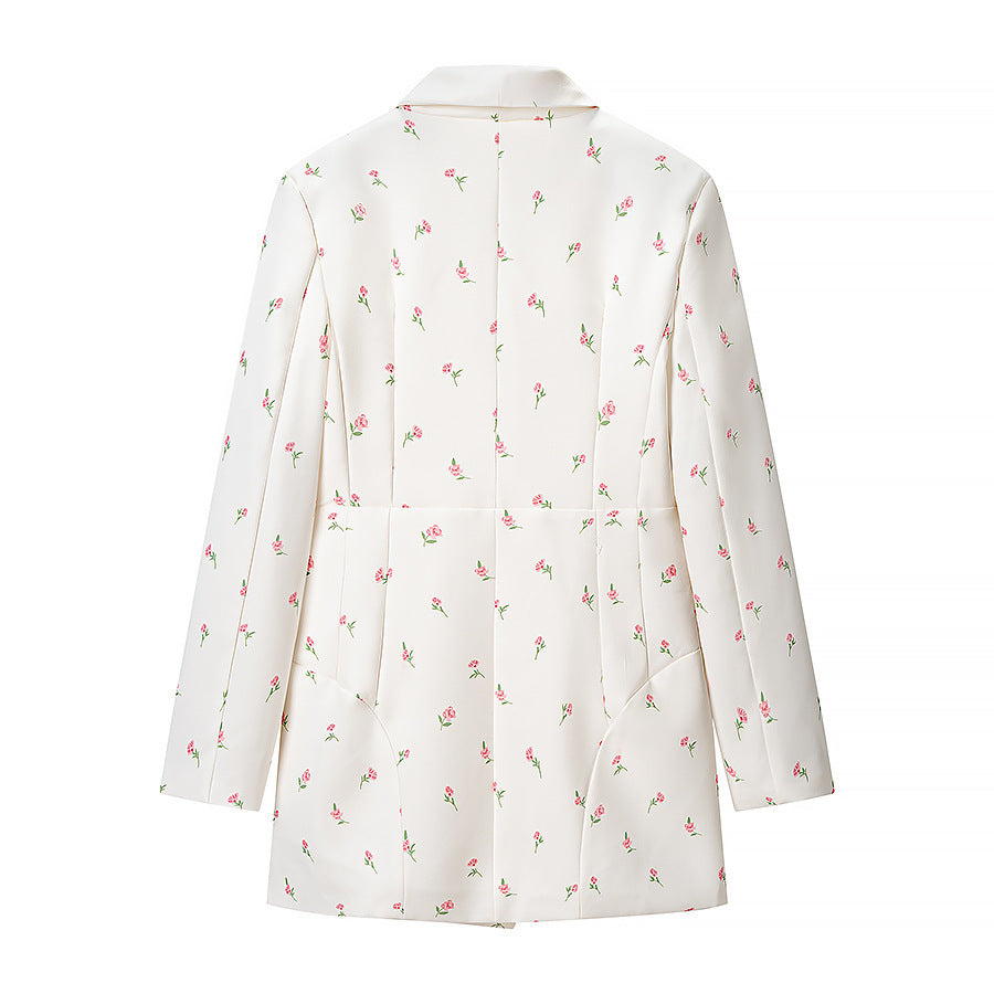 Dam Blommig Lång Modell Blazer Jacka med Sjalrakrage och One-Knapp Stängning