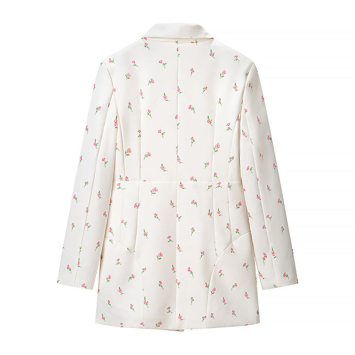 Dam Blommig Lång Modell Blazer Jacka med Sjalrakrage och One-Knapp Stängning