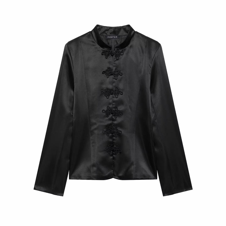 Dam Satin Blazer Jacka med Mandarin Krage och Dekorativ Frog Knappar
