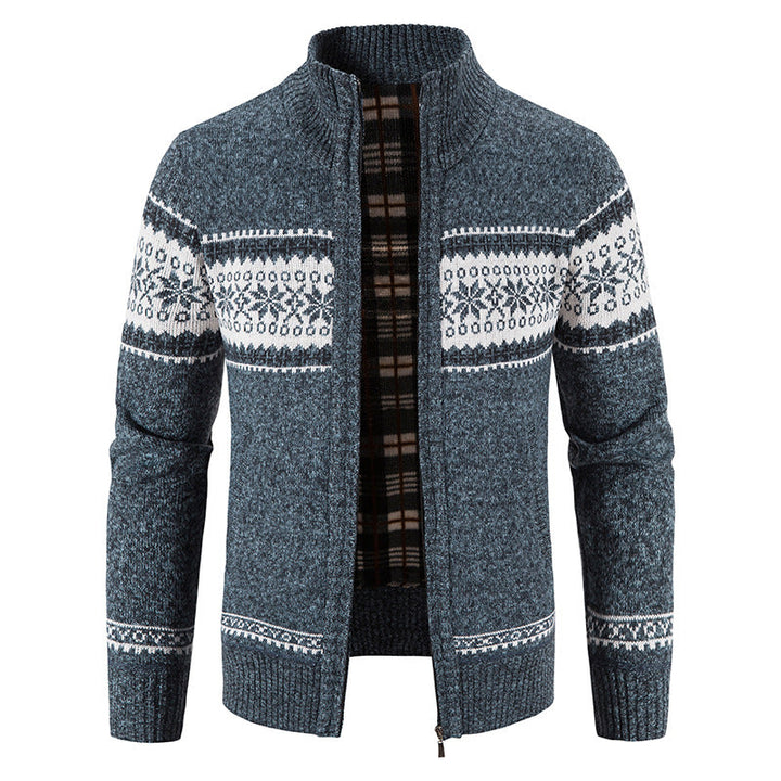 Herr Norwegian Knit Zip Jacka med Stående Krage, Warming Fleecefoder, och Dragkedja