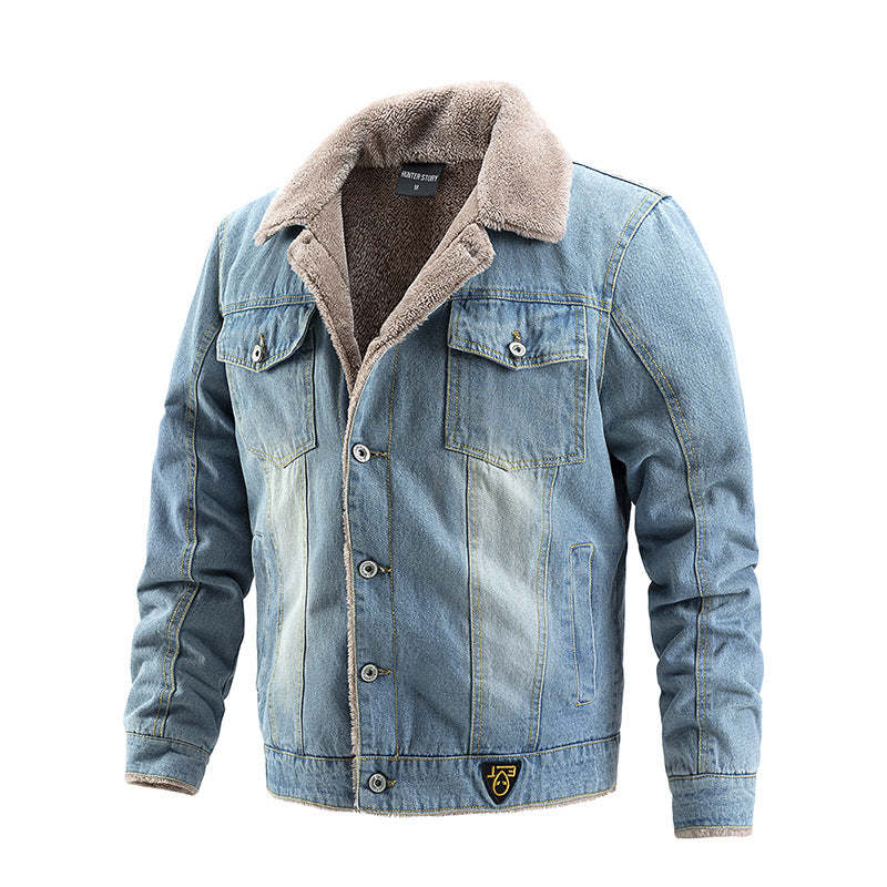Herr Robust Denim Trucker Jacka med Sherpa Foder och Teddy Krage