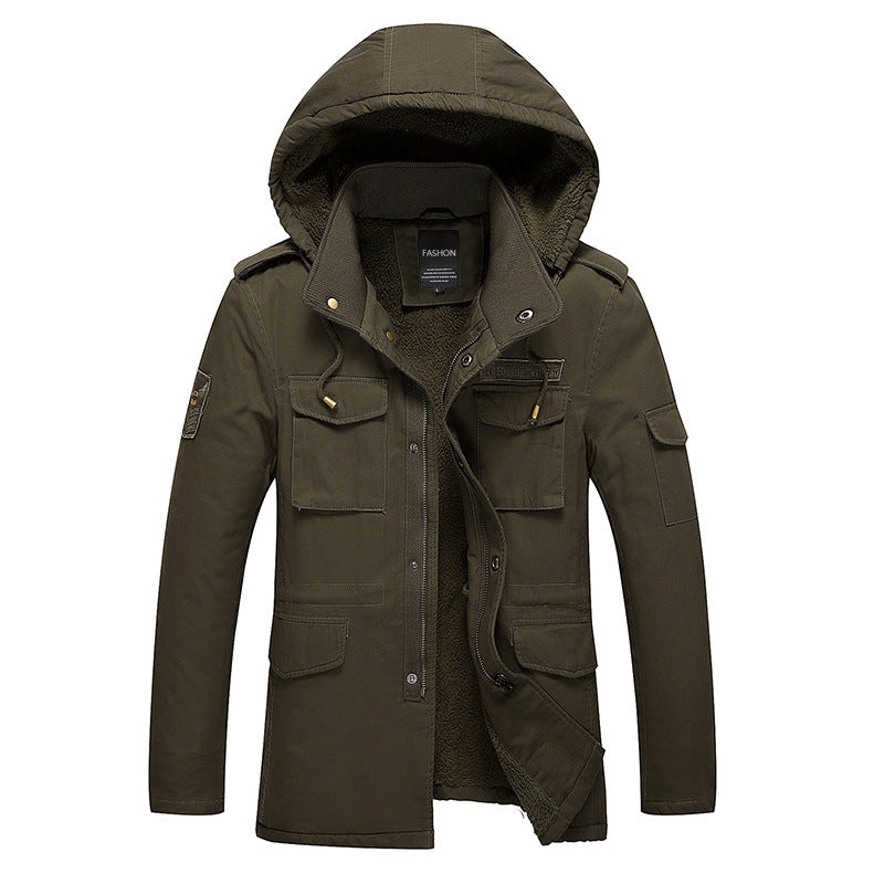 Herr Canvas Fält Parka med Varm Teddy Fleecefoder, Huva och Flera Fickor
