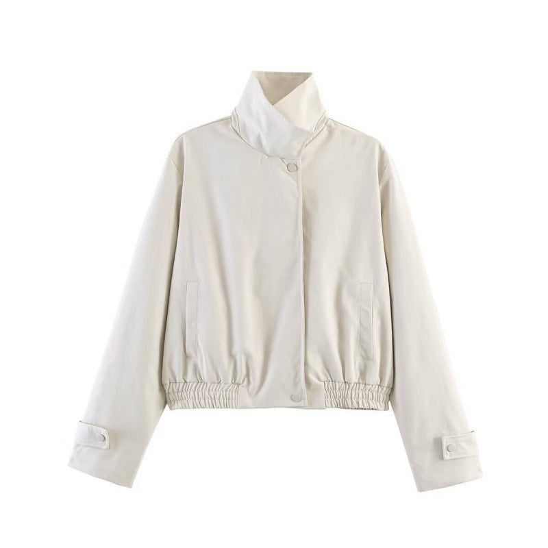 Dam Kort Kort Blouson Jacka med Hög Stå Krage, Elastic Nederkant och Tryckknapp Knapp Stängning