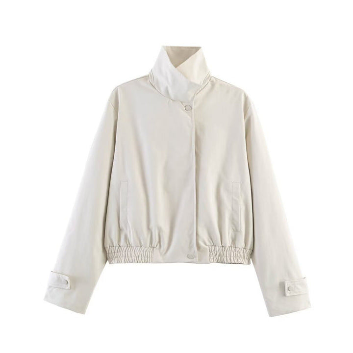 Dam Kort Kort Blouson Jacka med Hög Stå Krage, Elastic Nederkant och Tryckknapp Knapp Stängning