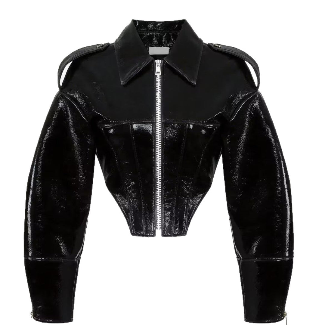 Dam Kort-Skärning Faux Patent Läder Blouson med Skräddarsydd Corset Skärning