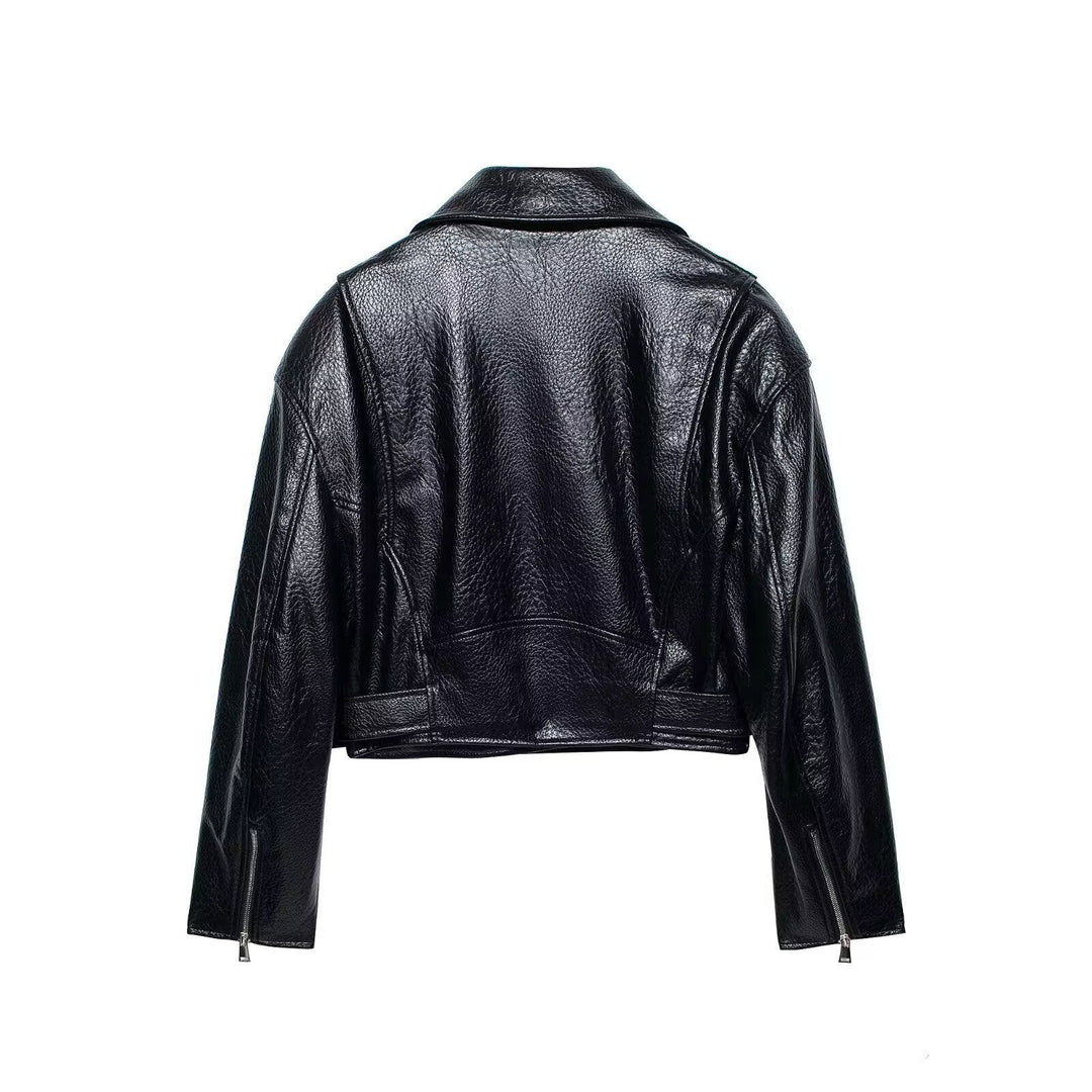 Dam Kort Skärning Bikerjacka i Läderlook med Waist Belt