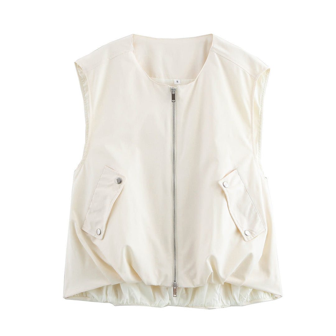 Dam figursydd sleeveless utilityväst med hel dragkedja, patch snap-button fickor, och elastisk fåll