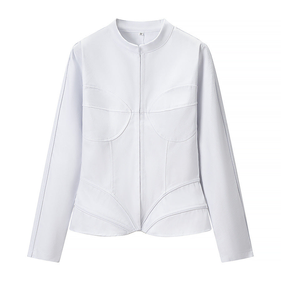 Dam Tailored Jacka i Konstläder med Stå Krage och Shaping Dekorativ Seams