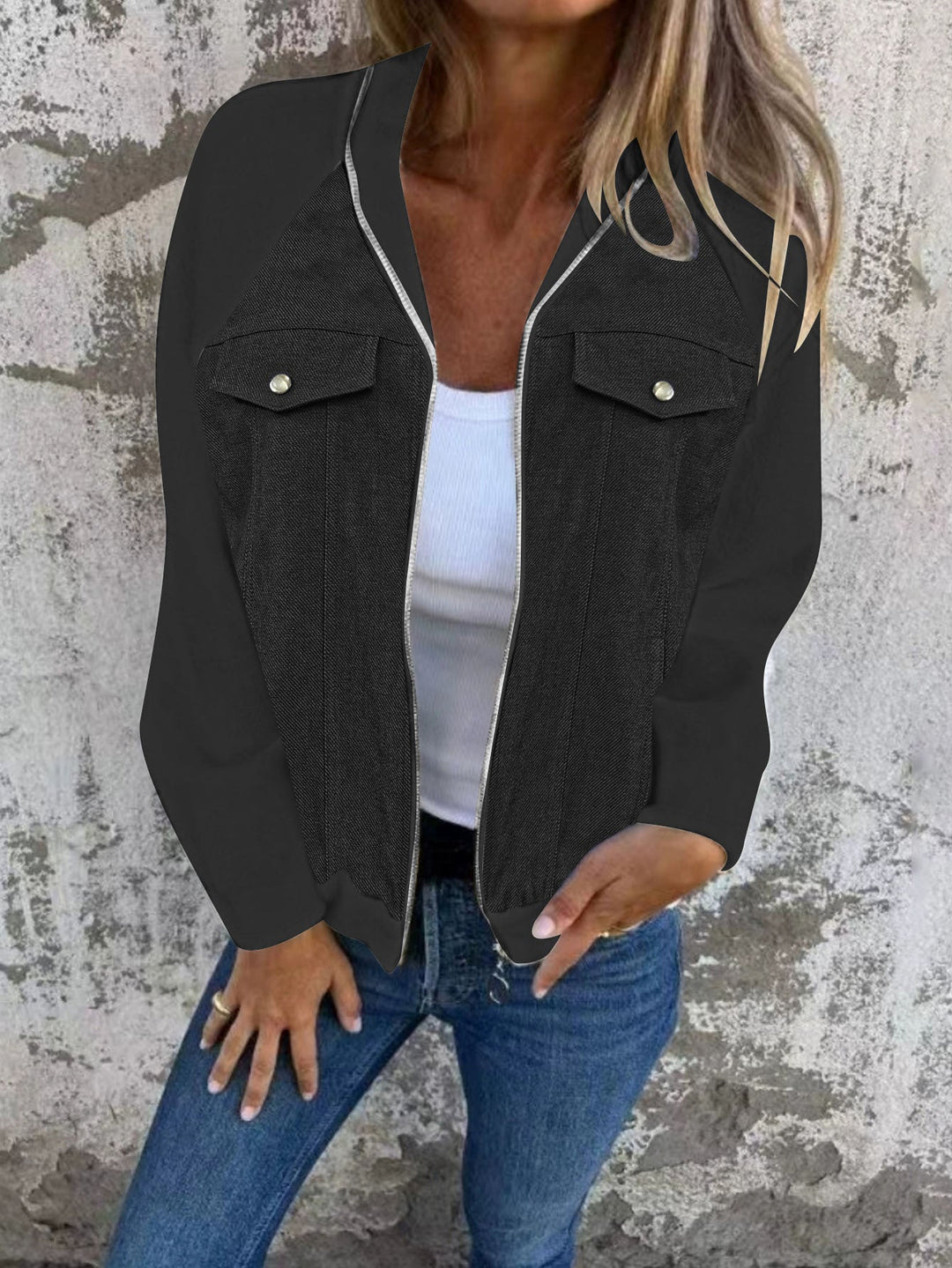 Dam denim mix blousonjacka med dragkedja och bröstfickor