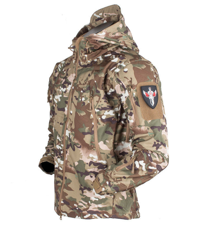 Herr Tactical Softshell Fältjacka med Huva, Multifunction Fickor och Velcro Patch Plats