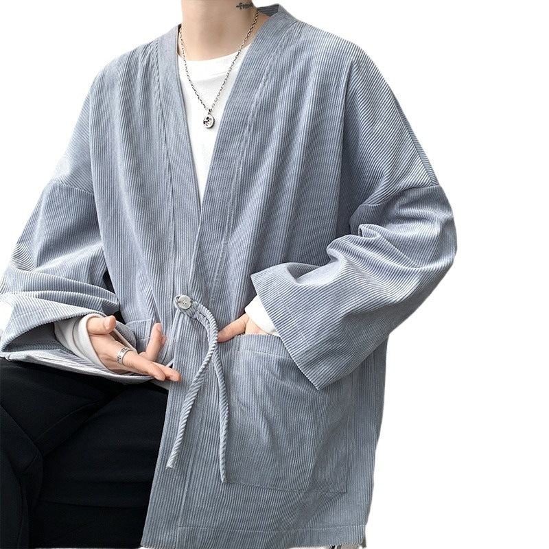 Herr oversize cord kimono cardigan med drawstring, utanpåfickor och drop ärmar