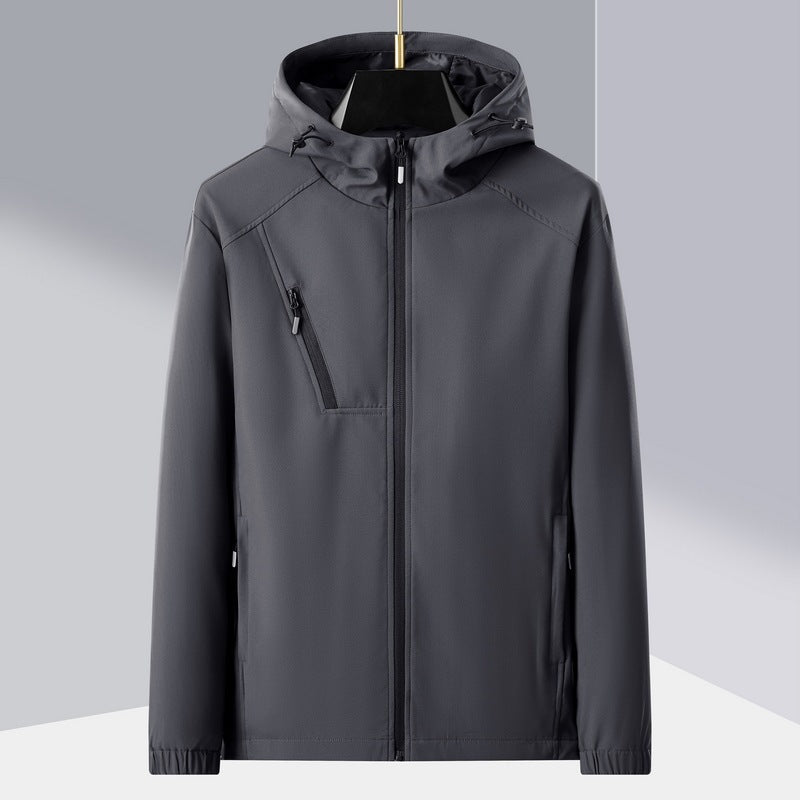 Herr lätt softshell utomhusjacka med ergonomic huva och diagonal bröst dragkedja