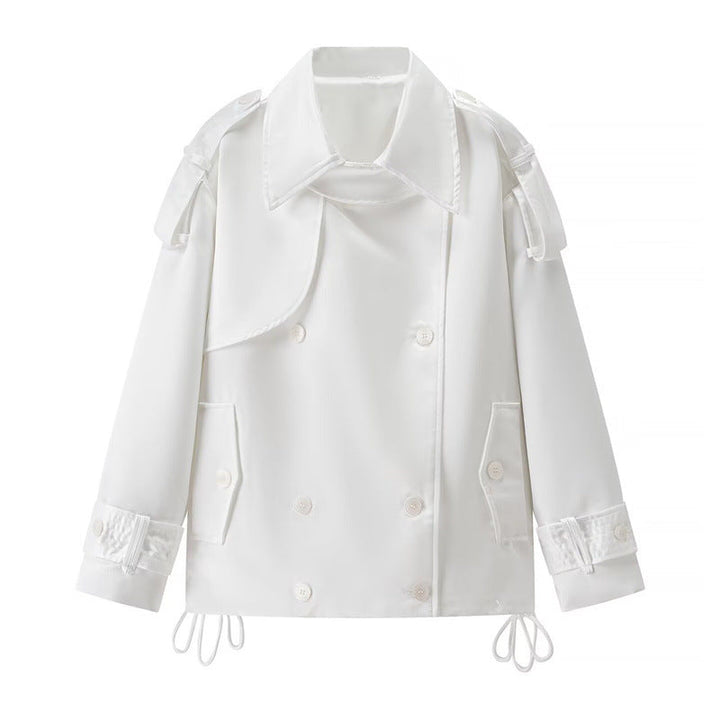 Dam kort Boxy Double-breasted trench med dragsko och dekorativ Shoulder Straps