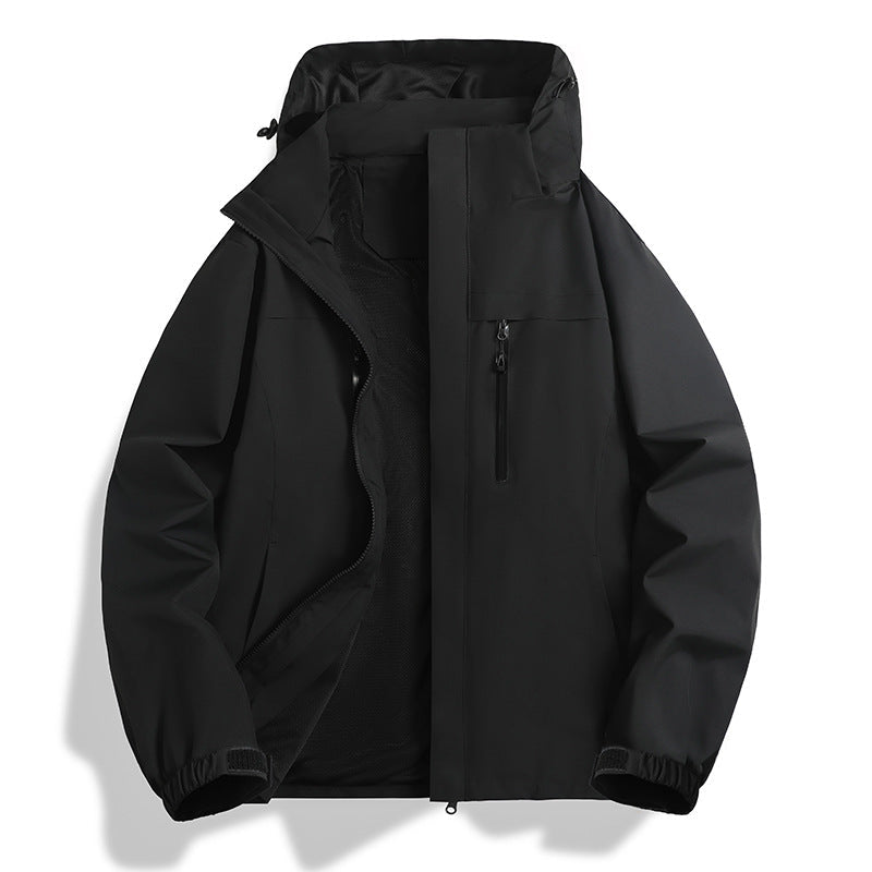 Herr vatten- och vindtät softshell utomhusjacka med huva, ventilerande meshfoder och bröst dragkedja