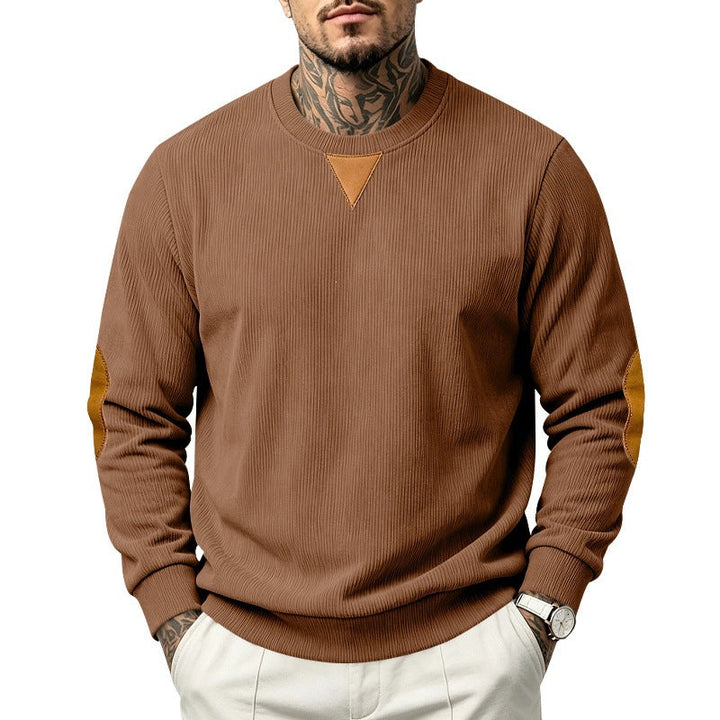 Herr College-Tröja med Textured Stickad, Elbow Lappar och Round Neckline