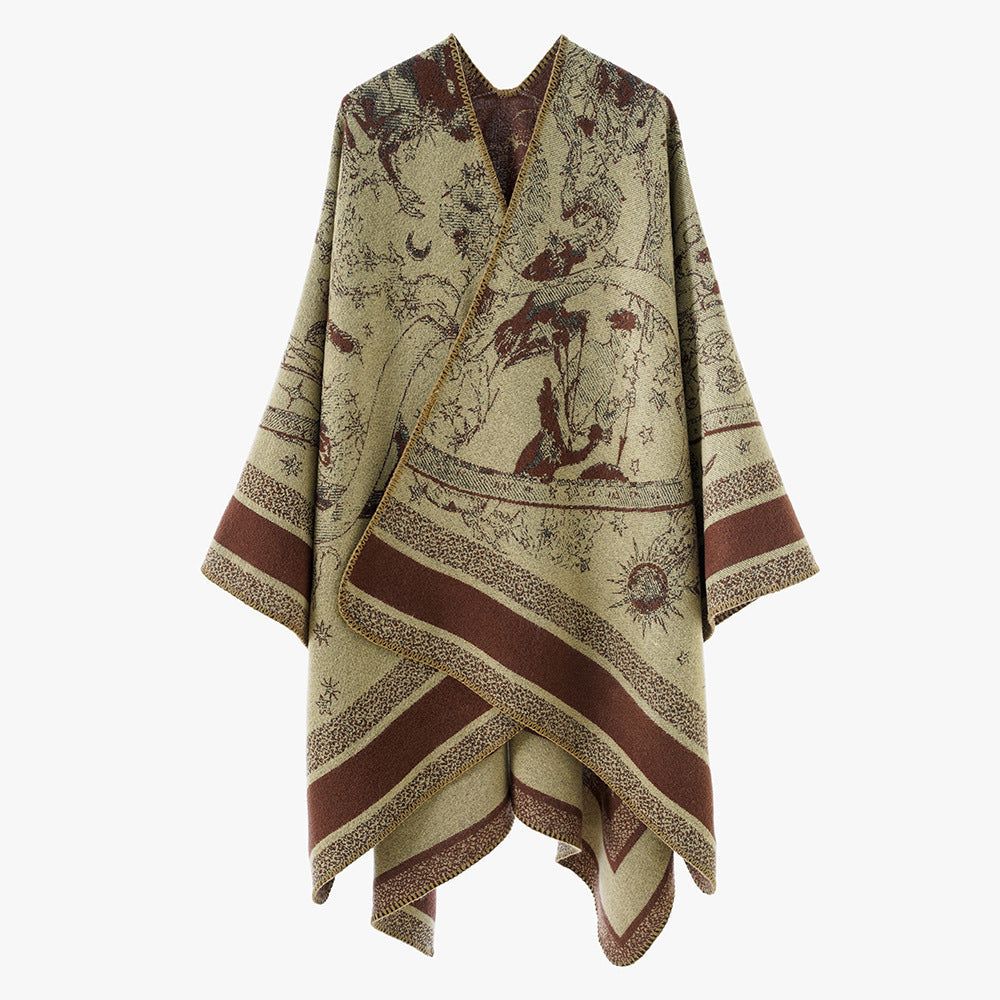 Dam Oversize Jacquard capeponcho tillverkad av ullblandning med V-neck och heavenly motif
