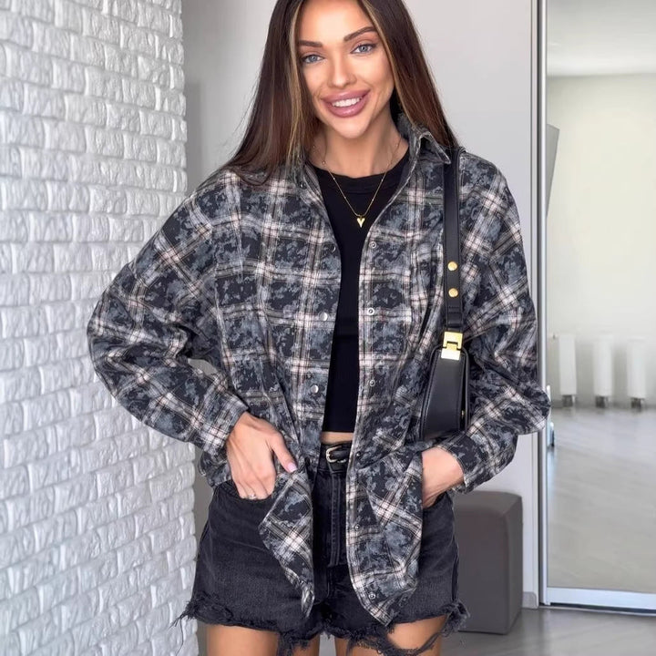 Dam oversize Checked Shacket-skjortjacka med stängning med tryckknappar och Rounded fåll