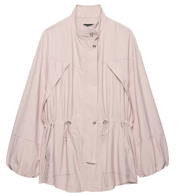 Dam Lätt Oversize Utilityjacka med Drawstring Waist, Stå Krage och Balloon Ärmar