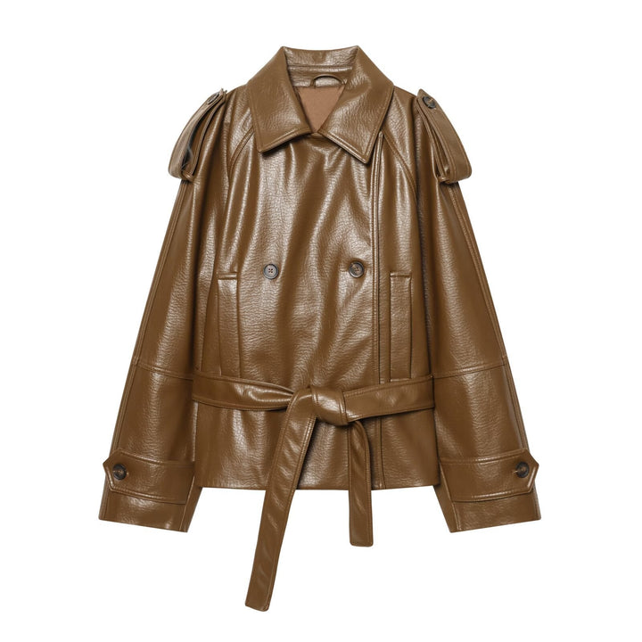 Dam Kort Skärning Trenchcoat Tillverkad av Konstläder med A Cinching Tie Belt