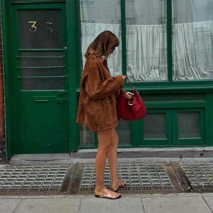 Dam 100+ Oversize Suede Look Blouson Jacka med Patch Fickor och Knapp Knäppning