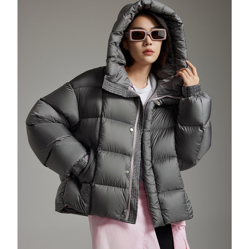 Dam kort Boxy kviltad jacka med oversize ärmar, hög Thermal krage och huva