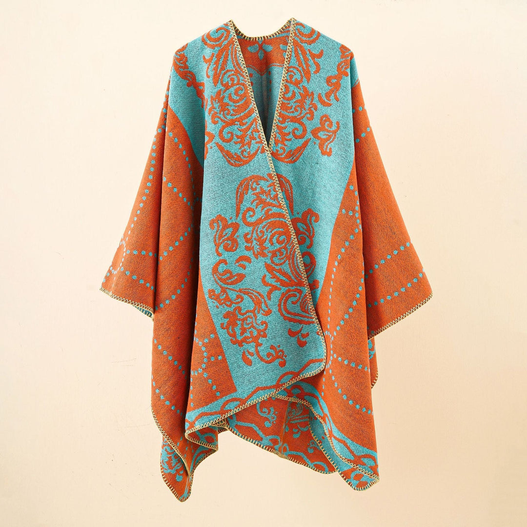 Dam Jacquard Ruana i cape stil med kontrasterande chain fåll
