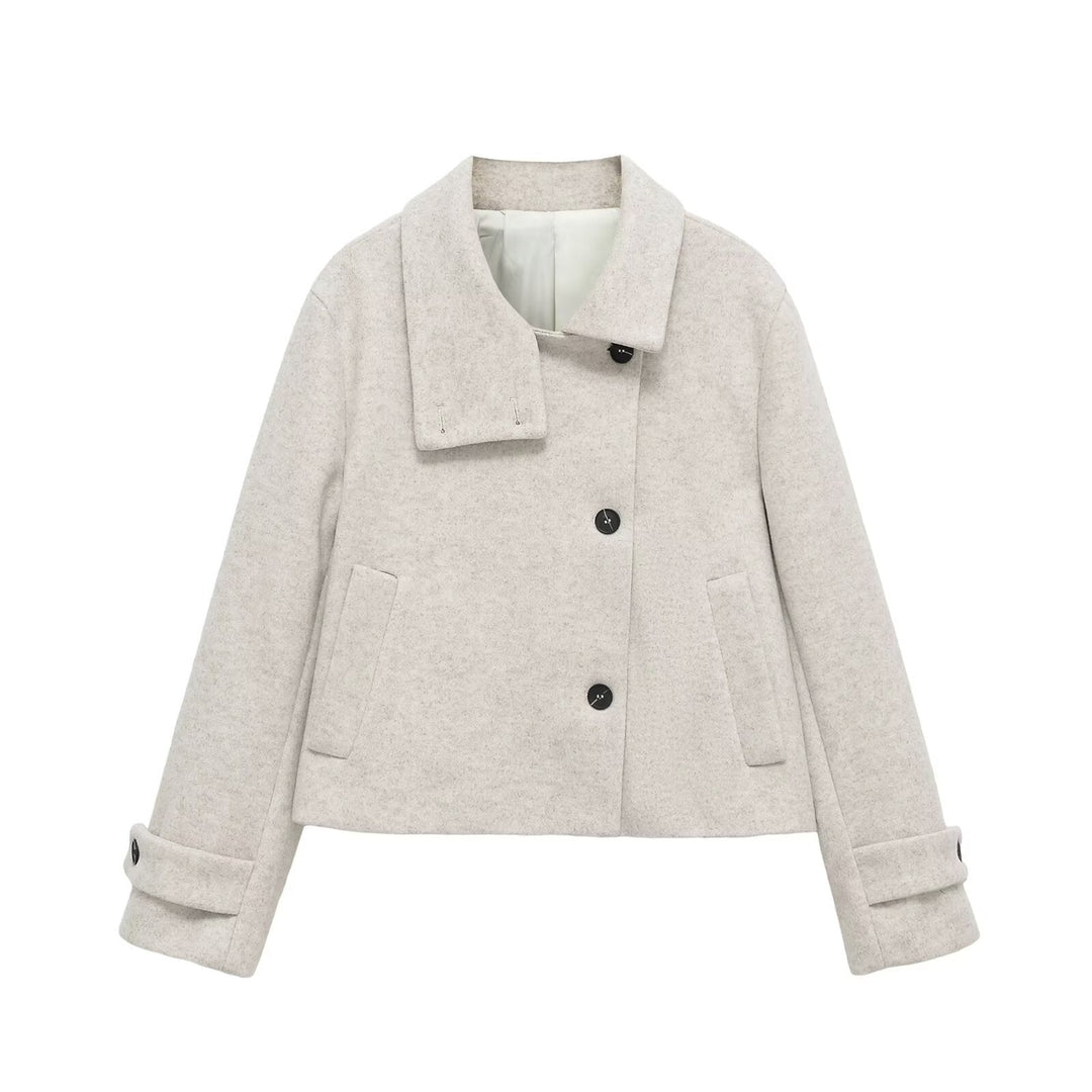 Dam Kort Ull Blend Jacka med Shawl Krage, Boxig Shape och Justerbar Muddar