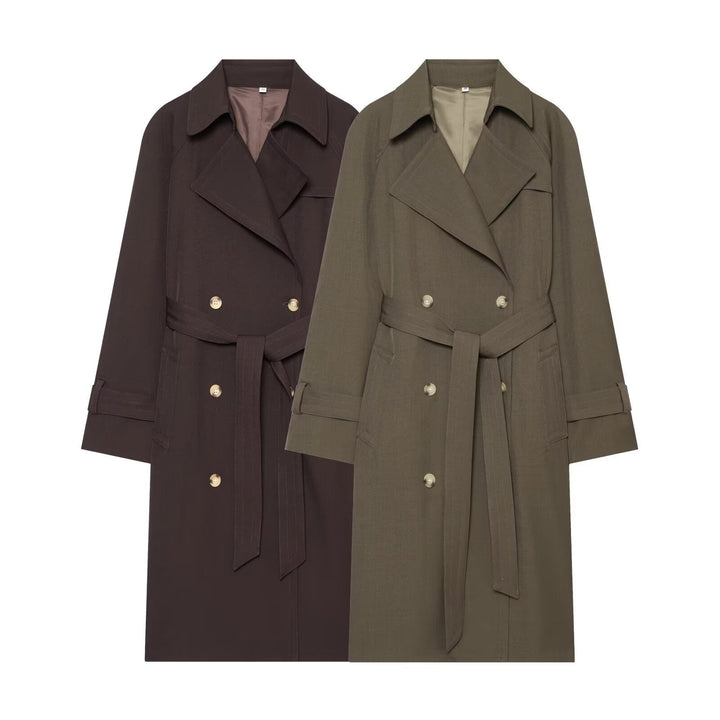 Dam lång double-breasted trenchcoat med knytband och raglan ärmar