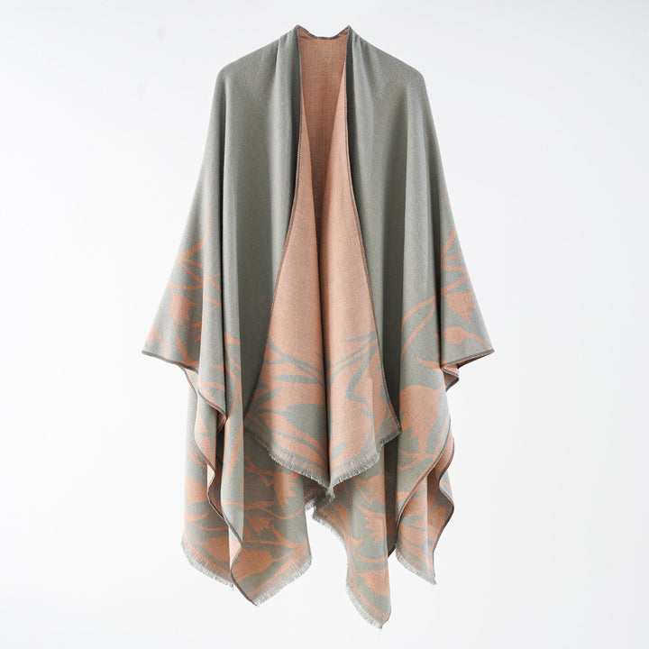 Dam Reversible oversized capeponcho tillverkad av ullblandning med Floral Jacquard Weaving