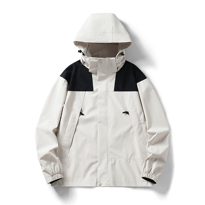 Herr tvåfärgad lätt softshell utomhusjacka med huva, vind- och vattenresistent membran